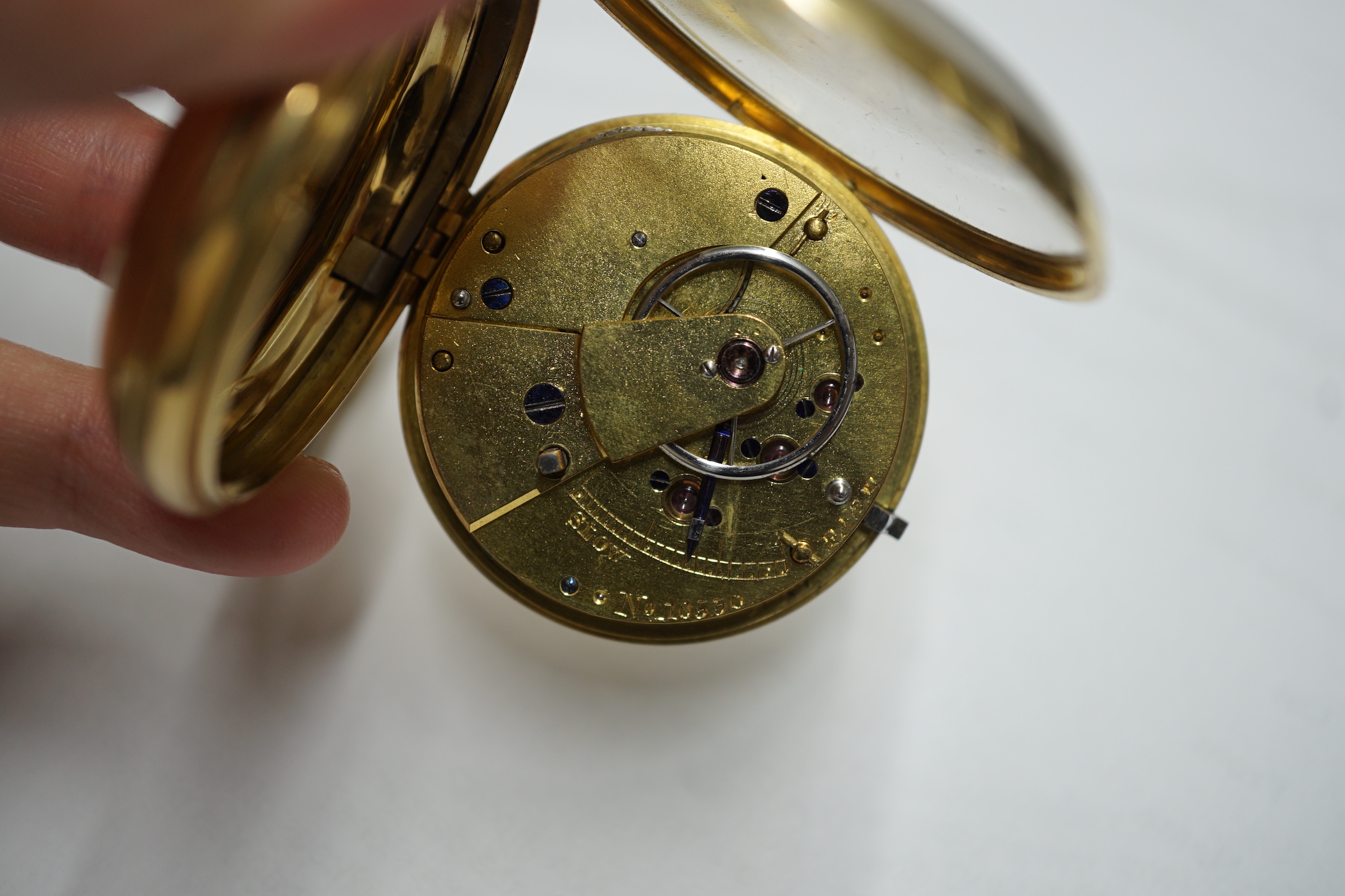 A late William IV 18ct gold open face keywind pocket watch, with yellow Roman dial and subsidiary seconds, case diameter 49mm